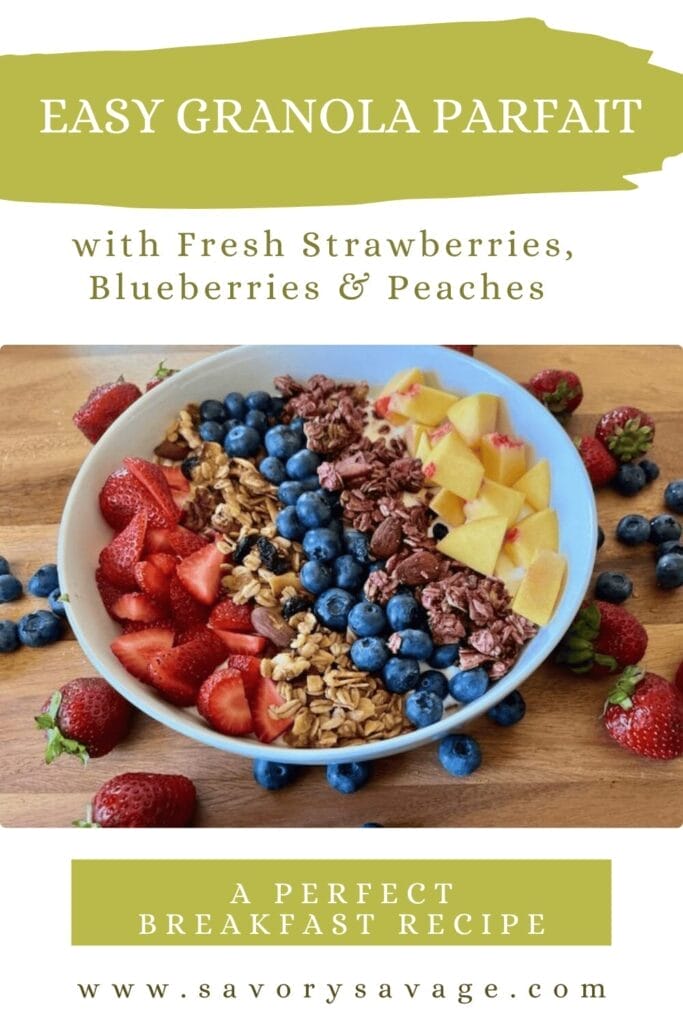 A delicious and visually appealing granola parfait layered with creamy Greek yogurt, fresh strawberries, blueberries, and diced peaches, topped with crunchy granola